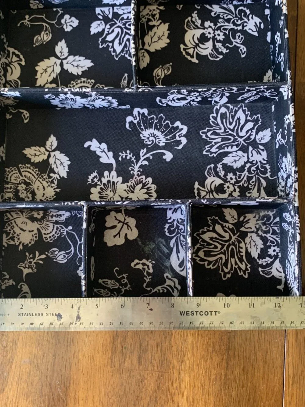 Black and White Floral Drawer Organizer Insert 6 Compartment Vanity Tray 15x15